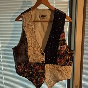 Patriotic Lined Patchwork Vest with Lace Accents, Red White Blue Size Large
